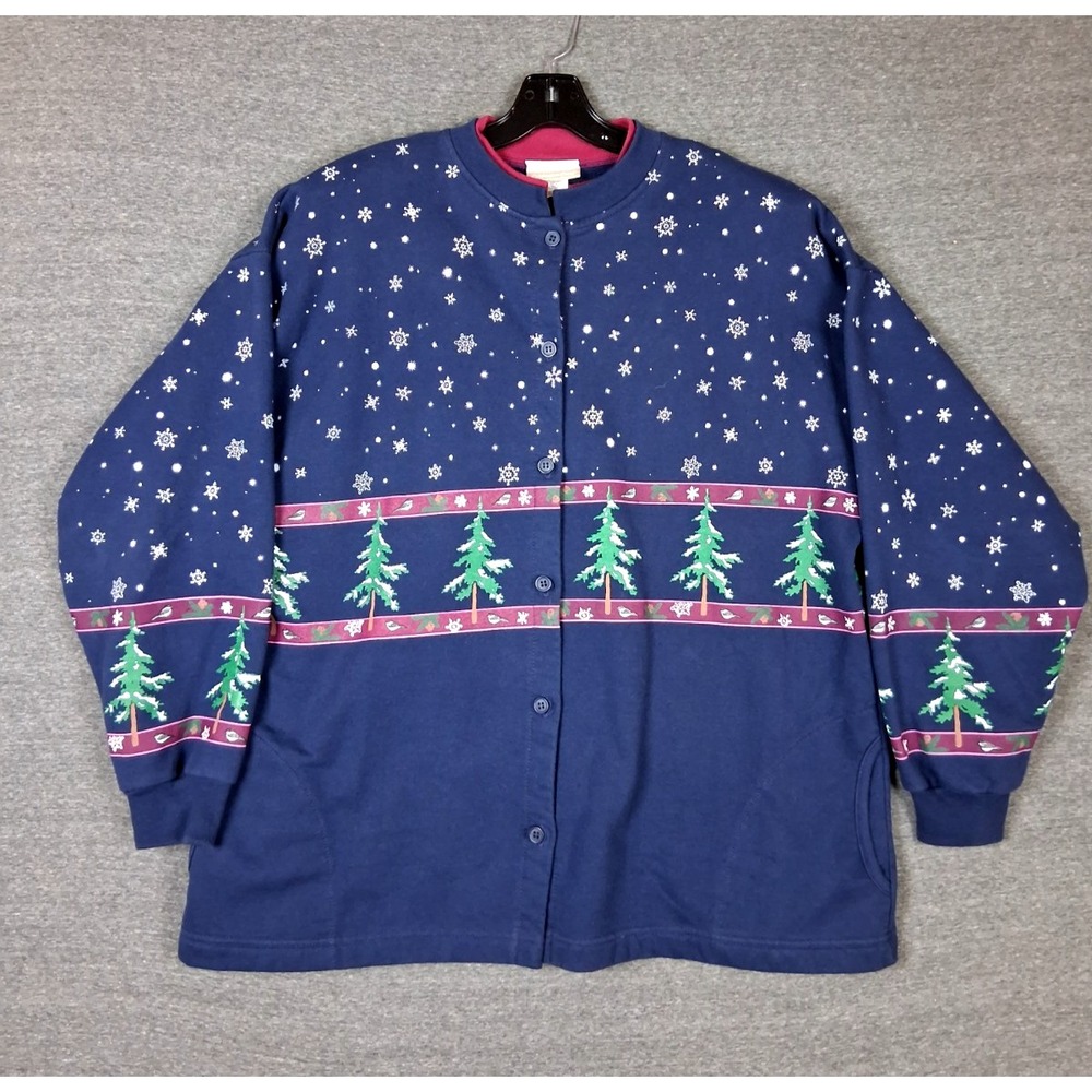 VTG Coldwater Creek Womens Cardigan 2XL Blue Winter Cabincore Sweatshirt 90s USA